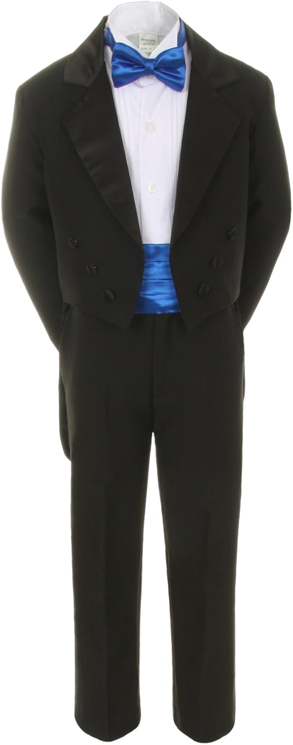 Unotux 7pc Boy Black Suit Tuxedo Tail Satin Royal Blue Bow