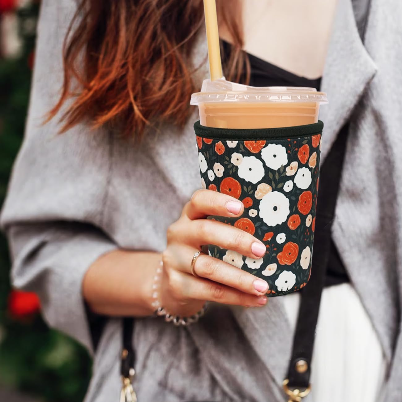 Reusable Insulated Neoprene Iced Coffee Cup Sleeve, Durable Drink Sleeve for Cold Beverages, Beverage Holder for Iced Coffee, Midnight Blooms image 2