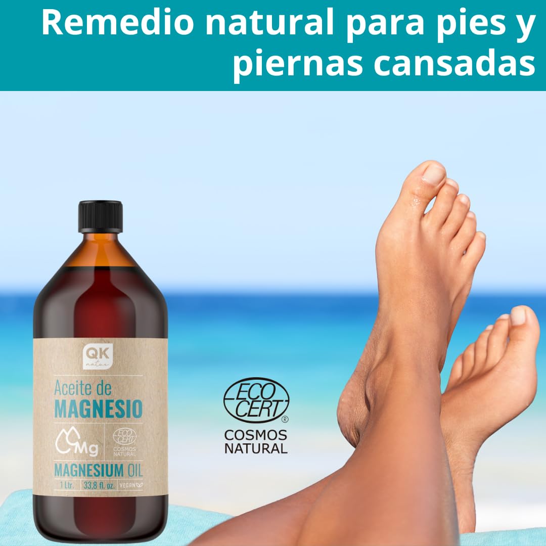 QKnatur - Aceite de magnesio Spray 100% Puro (1000 ml) + dosificador spray - Ideal para deportistas, articulaciones, relajacion muscular, masajes