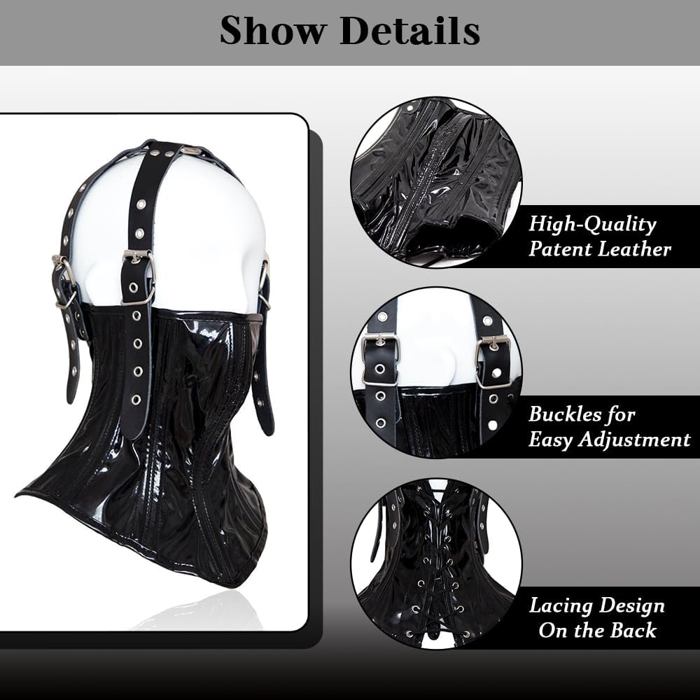 Half Face Mask Head Hood Patent Leather Lace Up Half Head Cover Face Mask, Erotic Fetish Lacing Half Face Headgear for Adults Couples Sex Bondage Restraints Flirt Slave Role Play BDSM SM Game Cosplay