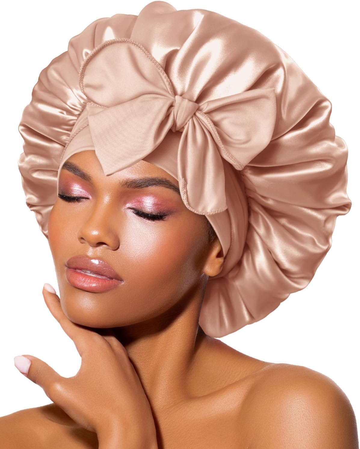 BONNET QUEEN Silk Bonnet for Sleeping Satin Bonnet Women Hair Wrap Night Sleep Cap Scarf Wrap for Curly Hair with Tie Band Champagne