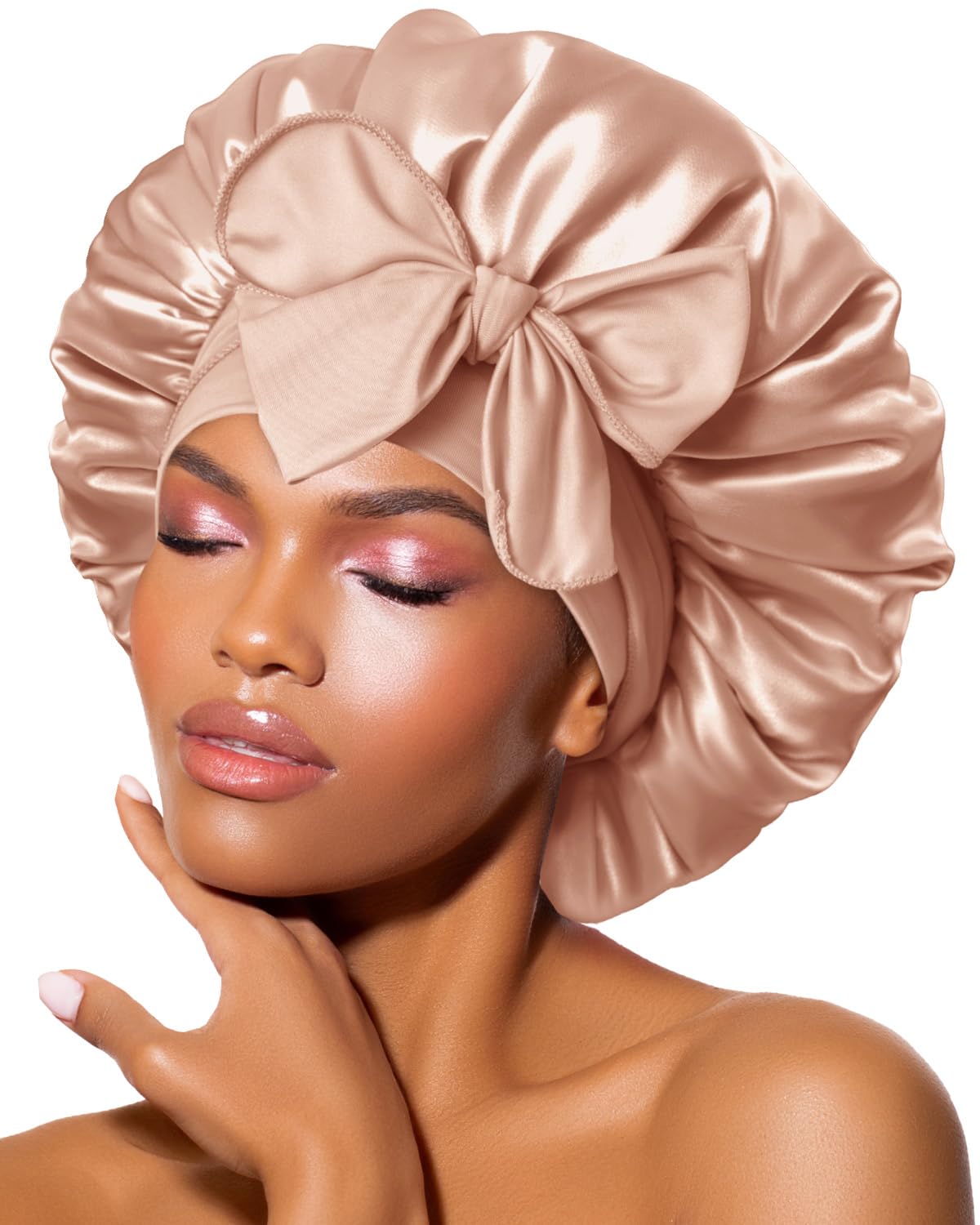 BONNET QUEEN Cuffia Seta Capelli Notte Regolabili Cuffia Capelli Ricci Bonnet con Lacci Lunghi Morbida e Protettiva Anti-Crespo, Champagne