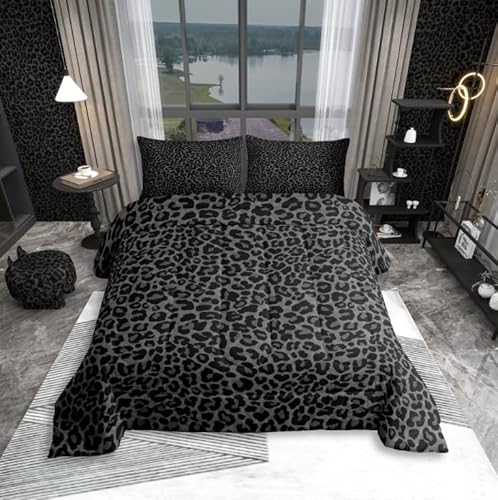 Erosebridal Leopard Print Twin Size Comforter Set-2 Pieces Cheetah Print Comforter for Women Room Decor,Soft Black and Grey Wild Animal Skin Texture Bedding Set with 1 Pillowcase for All Season