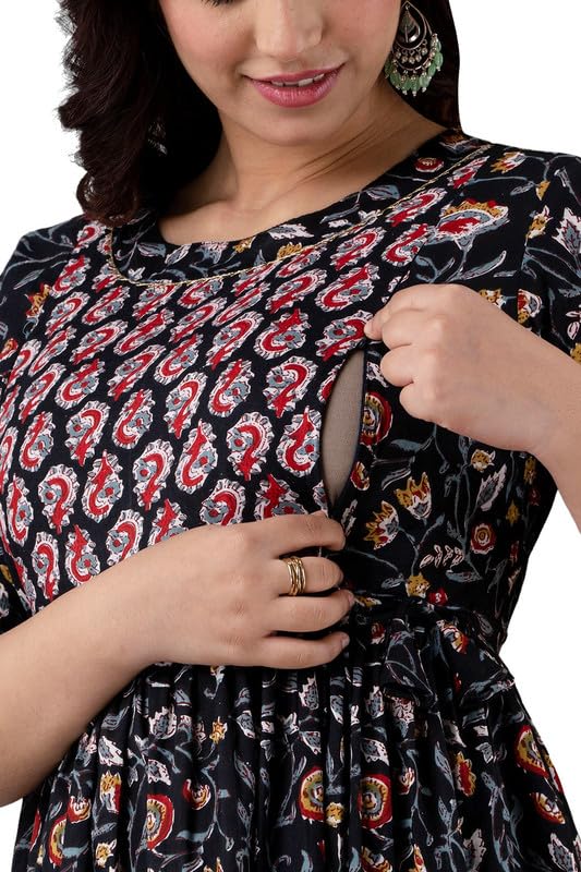 Image of JAIPURFAME Stylish Women's Pure Cotton All Over Printed Kurti Gown, Maternity Dress, and Feeding Dress - Comfortable and Elegant Maternity Wear for Women