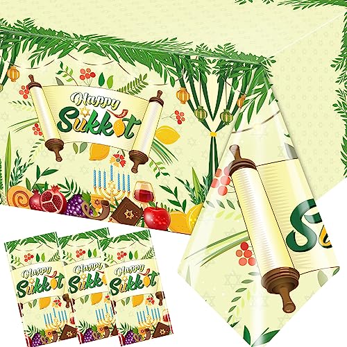 Image of CMUSKO Sukkah Sukkot Tablecloth - Disposable Happy Sukkot Decorations Plastic Tablecloth, Jewish Holiday Party Decorations 3pcs Etrog Lulav Decor Table Cover, Jewish Table Supplies, 108 x 180 cm