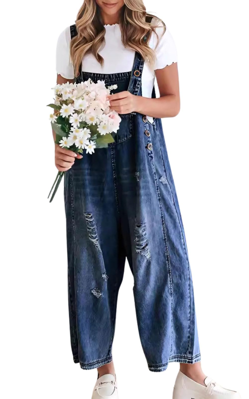 Ru Sweet Women Loose Adjustable Strap Denim Bib Overall Jeans Distressed Wide Leg Baggy Overalls Jumpsuit