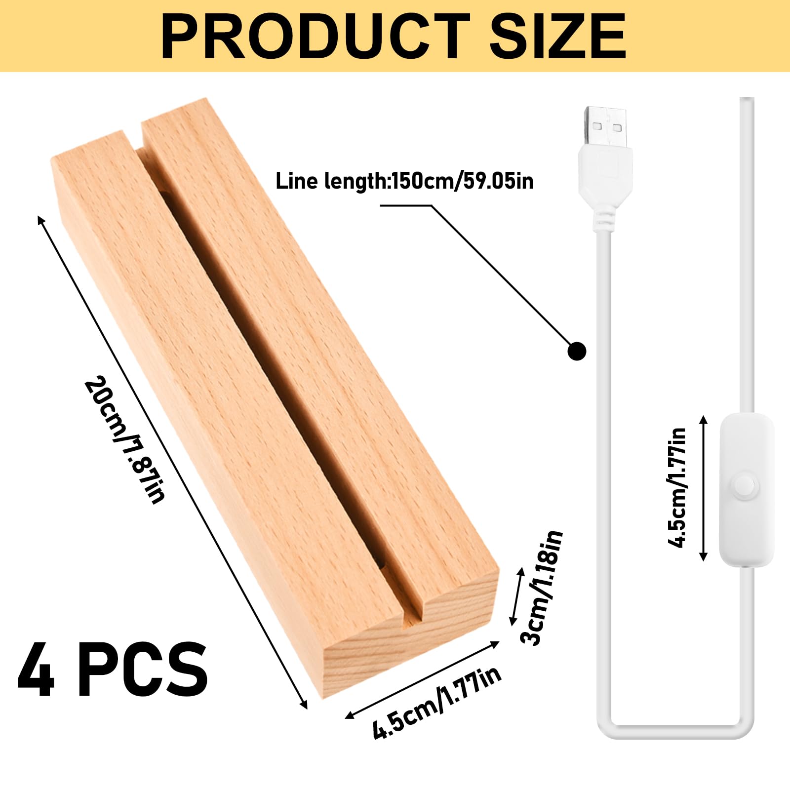 BAIFULAI 4 piedistalli a LED, 20 cm, base in legno, base luminosa, base luminosa con interruttore USB, colori caldi, supporto in legno, per blocchi di vetro, cristalli, vetro, resina, arte