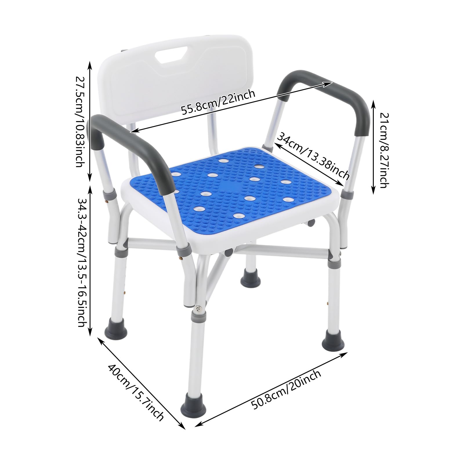 Silla de Ducha Ajustable de 34 a 42cm,Taburete de Ducha Antideslizante de hasta 250kg,con Respaldo,reposabrazos y cojín de Silicona extraíble,Silla de bañera de Acero para Ancianos y Discapacitados