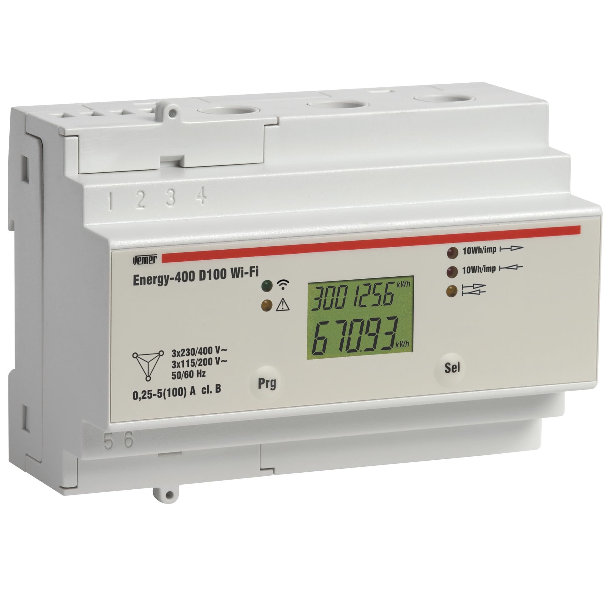 VEMER VE799300 ENERGY-400 D100 Licznik energii elektrycznej WiFi do systemów trójfazowych, miernik zużycia energii elektrycznej z aplikacją, instalacja na szynie DIN, biały