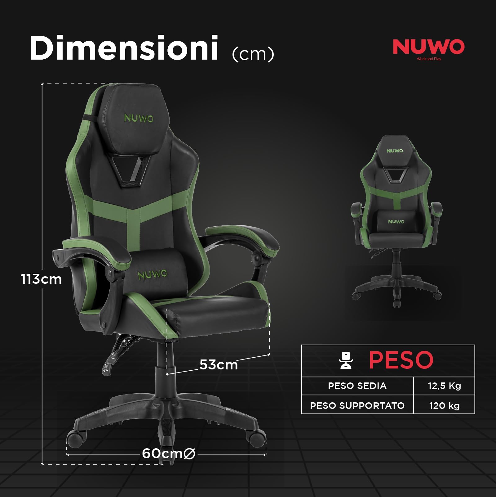 Nuwo Odin Sedia Gaming Ergonomica, Sedia PC Computer Gaming Ufficio, Braccioli Imbottiti Curvi, Schienale e Altezza Regolabile, Supporto Lombare e Poggiatesta, 120 Kg, Verde Militare