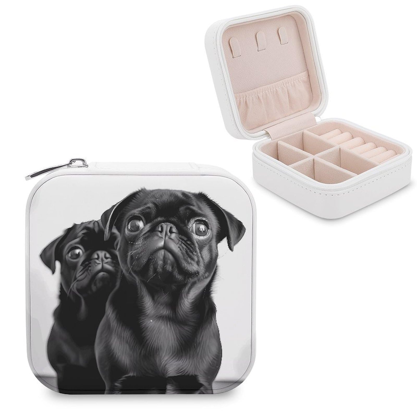 VstaDank Cute Black Pug Dog Jewelry Box Exquisite Leather Jewelry Organizer Portable Trinket Organizer Fashion Travel Jewelry Case for Rings Earrings Necklaces Unique Gifts for Women