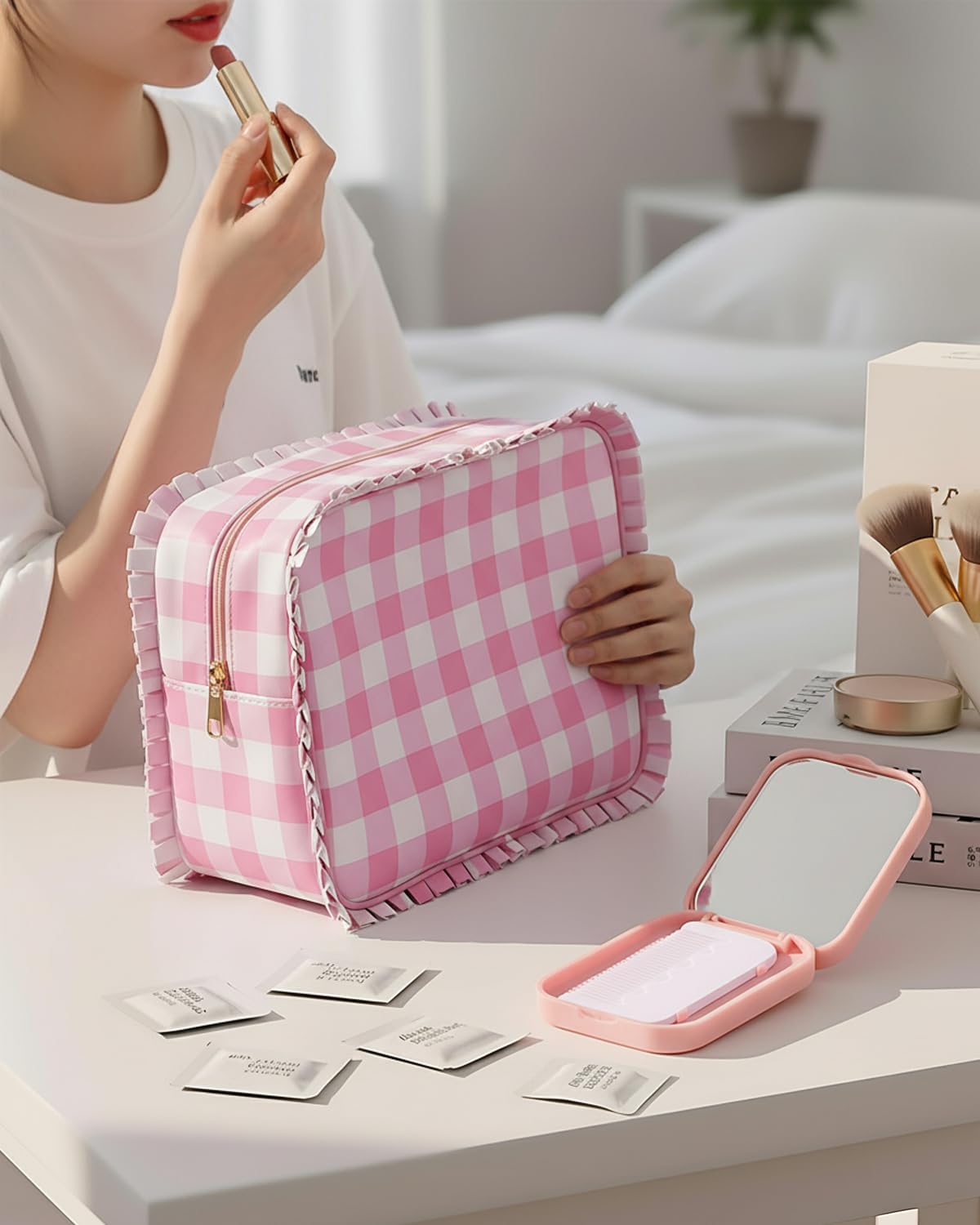 Gingham Ruffle Makeup Bag Set, Pink Makeup Bag With Mirror and Comb, Large Travel Cute makeup Bag for Women Girls,10.8 x 4.5 x 8 inch Toiletry Bag Make up Organizer - Image 4