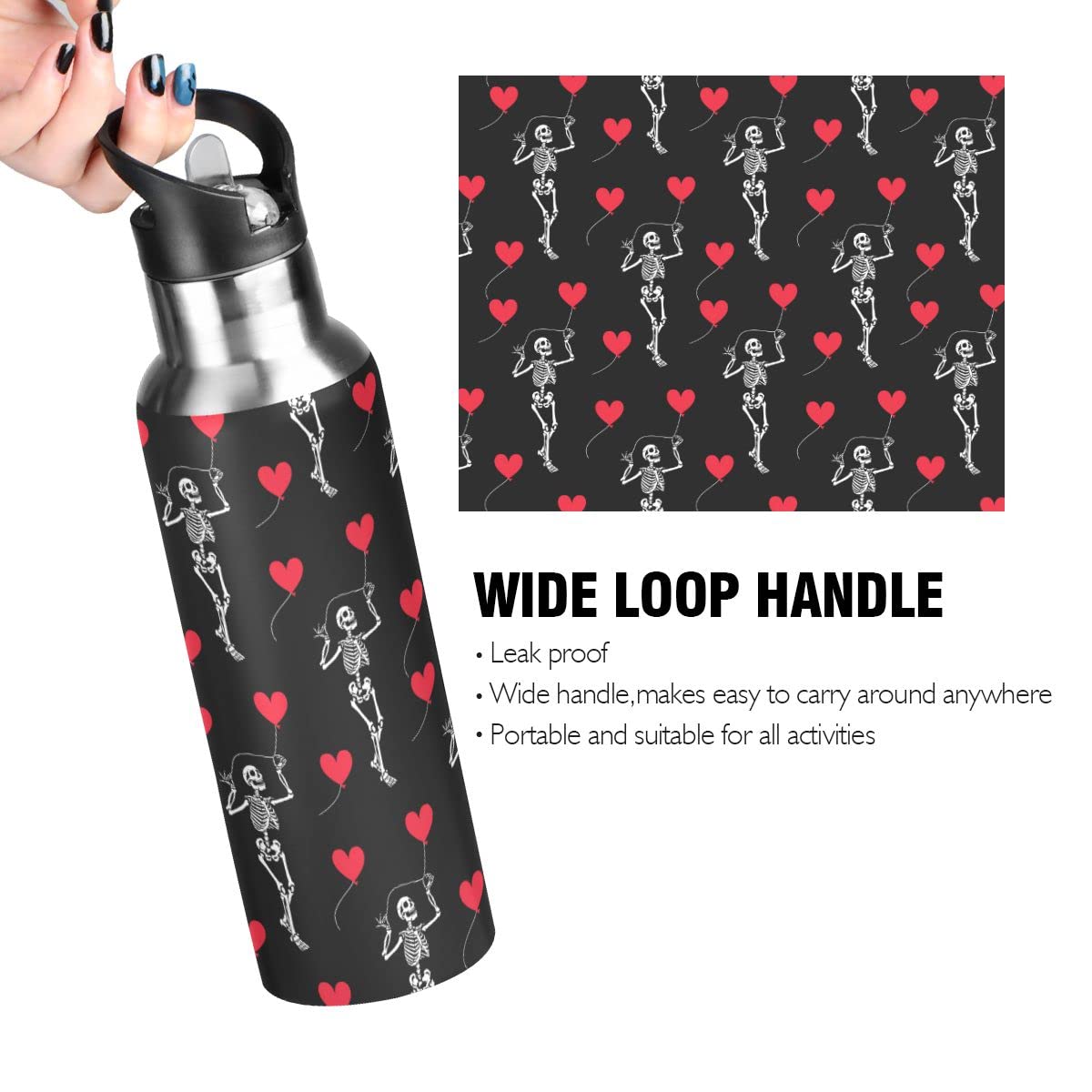 Edelstahl Wasserflasche mit Strohhalm, romantischer Totenkopf Gothic Isolierte Trinkflasche Sport Wasserflasche für Kinder Erwachsene, auslaufsicher, 1L