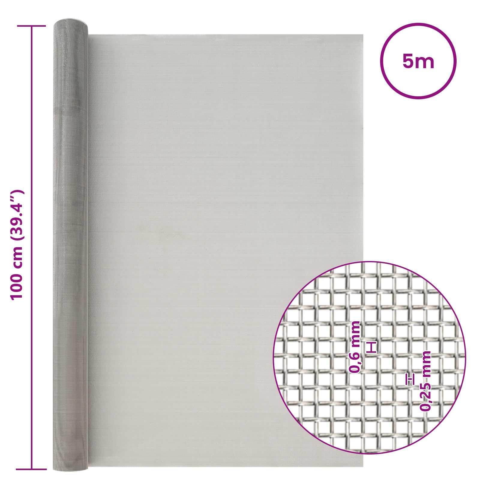 vidaXL Écran en Maille 100 x 500 cm 30 Mesh Acier Inoxydable 201, Protection en Maille pour Balcon, écran Anti-Mouches rectangulaire, Filet résistant à la Rouille, Installation Rapide