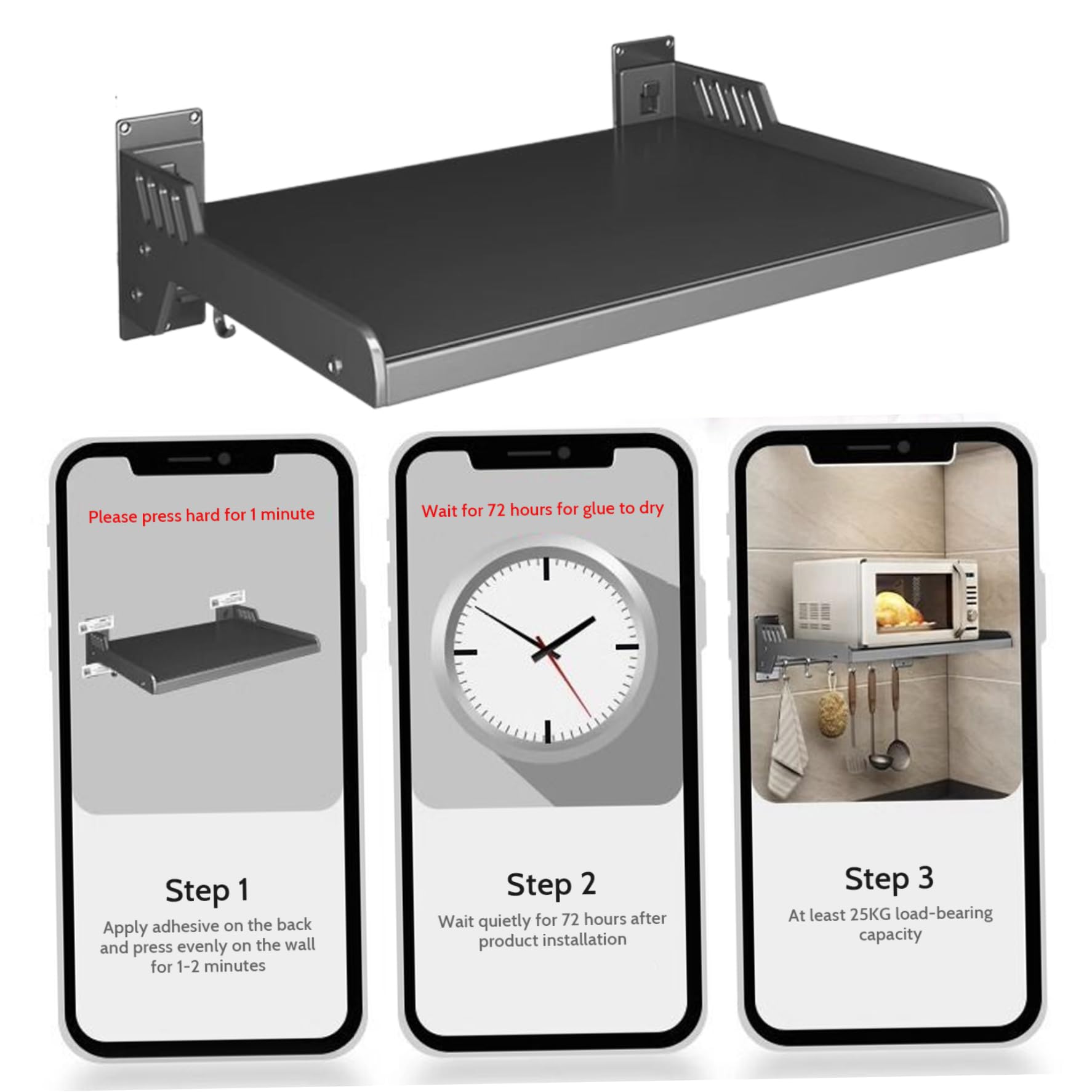Montaje de pared de 14x20 pulgadas de microondas, estante de acero de carbono de carga de 110 libras con 6 ganchos para organizador de cocina, perforación/adhesivo instalar negro, soporte de pared