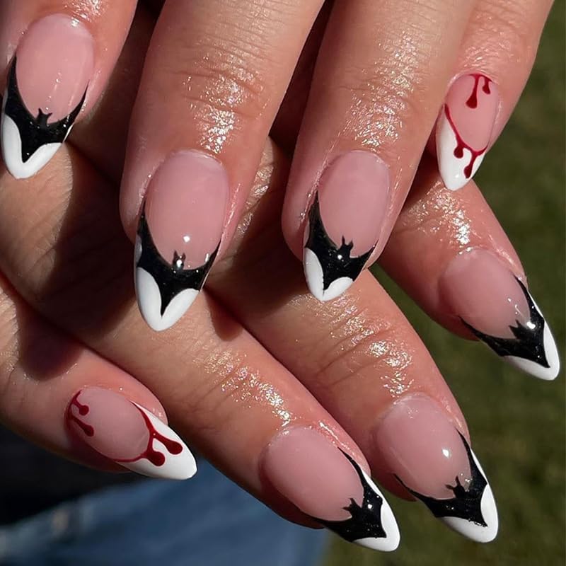 Medium Almond Press On Nails Halloween Fake Nails French Tip False Nails With Bat Design Full Cover Nude Acrylic Nail Artificial Glossy Glue On Nails Stick On Nail For Women Manicure 24pcs