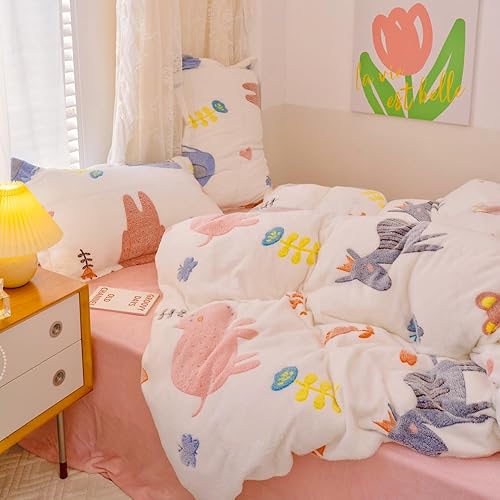 Miniatura 5 de Juego de funda de edredón a cuadros, funda de edredón floral, funda de edredón esponjosa, funda de edredón Kawaii de dibujos animados de conejo,