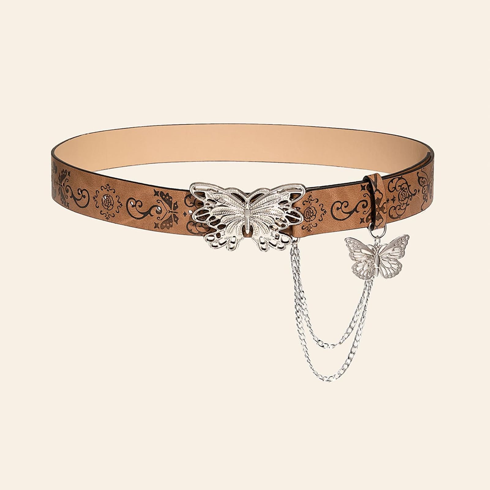 AGUTALITHIC Western Belts with Butterfly Chain Embossed Floral Pattern Strap Engraved Buckle with Snap-Butterfly Hollow Style(110cm/43, Brown)