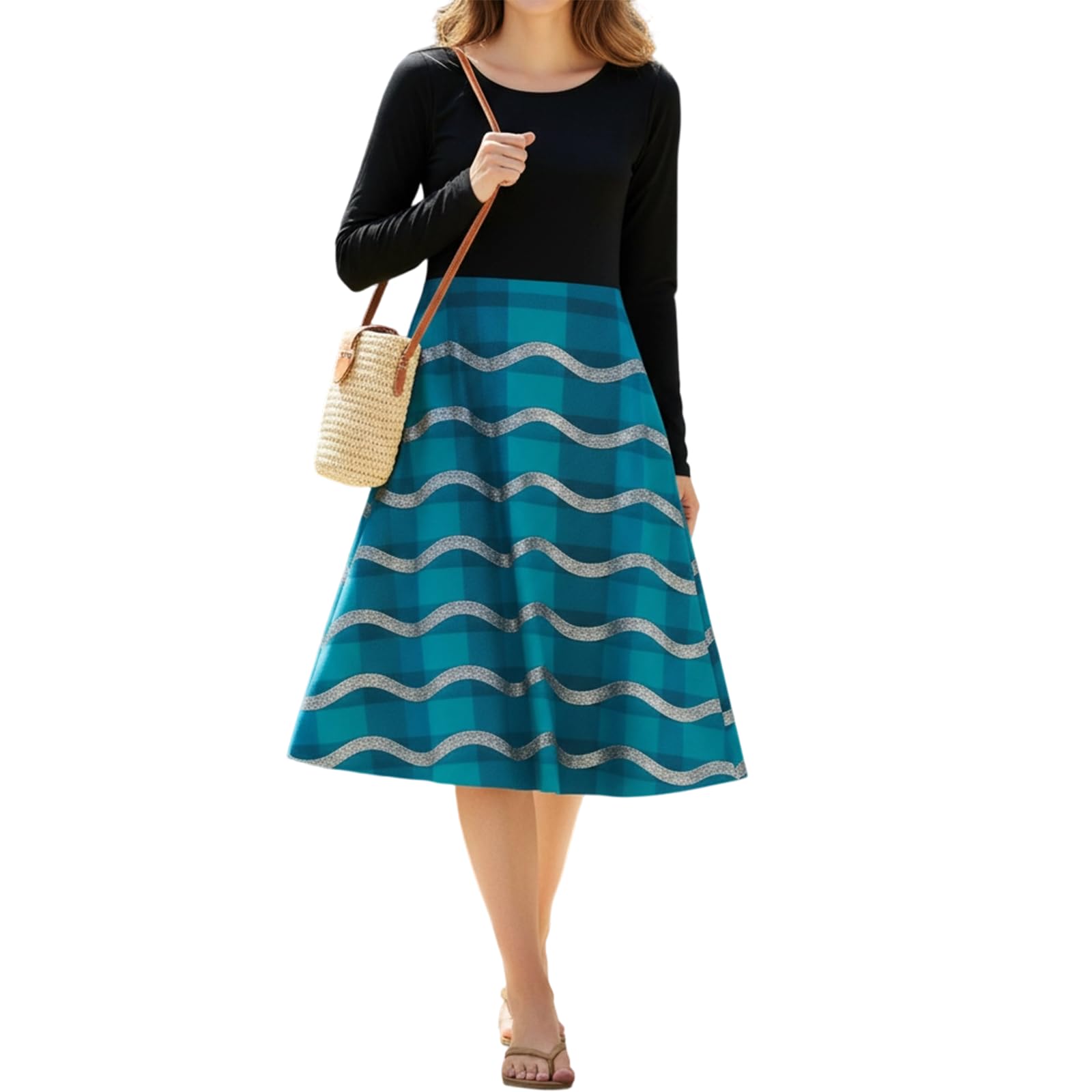 Women's Long Sleeve Patchwork Midi Dress Plaid Floral Casual High Waist A-Line Swing Dress with Pockets