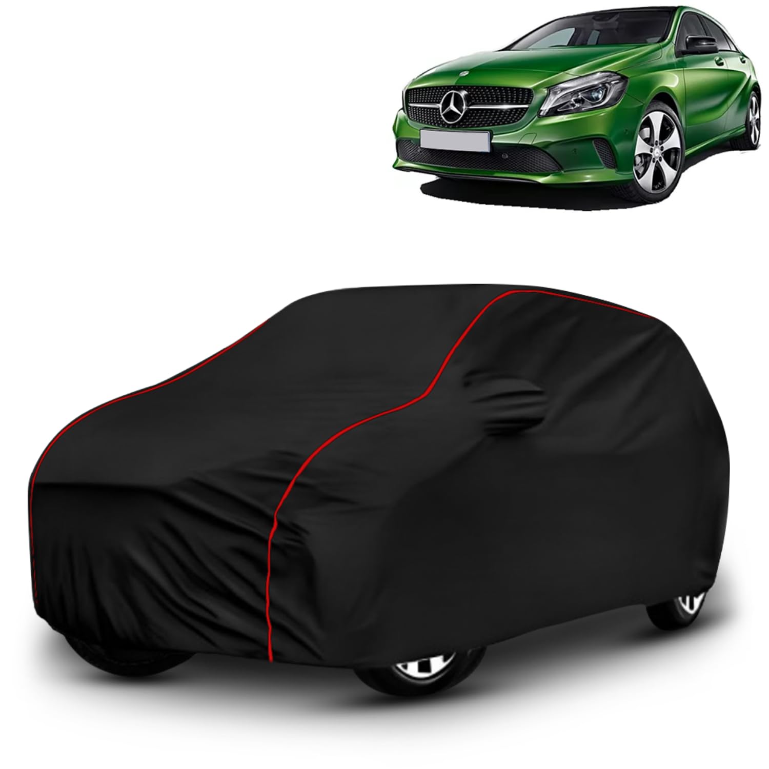 AYSHU Water-Resistant Dustproof Car Cover for Mercedes Benz A-Class A 180 - UV Protective, Scratch-Resistant, Adjustable Buckle Strap, Bottom Elastic Front & Rear with Red Piping – Black