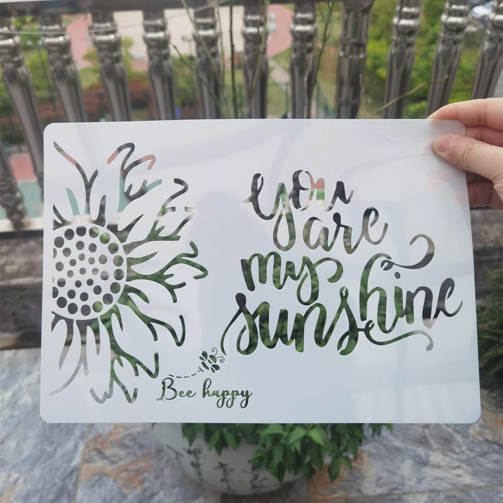 XUAN YANGA4 Size You are My Sunshine Stencil Sunflower Bee Happy Reusable Stencil for Wood Furniture Crafts Art Painting, Floral Stencil 0.3mm(12mil)