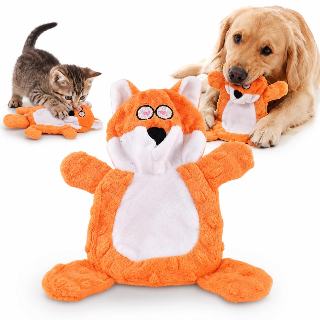 Sogud Kedi Köpek Oyuncağı Sesli Hışırtılı Peluş Tilki, Isırınca Ses Çıkaran Kafa, Hışırtılı Göğüs Bölümü, Yumuşak Etkileşimli Evcil Hayvan Oyuncağı, 24 x 17 cm, Turuncu