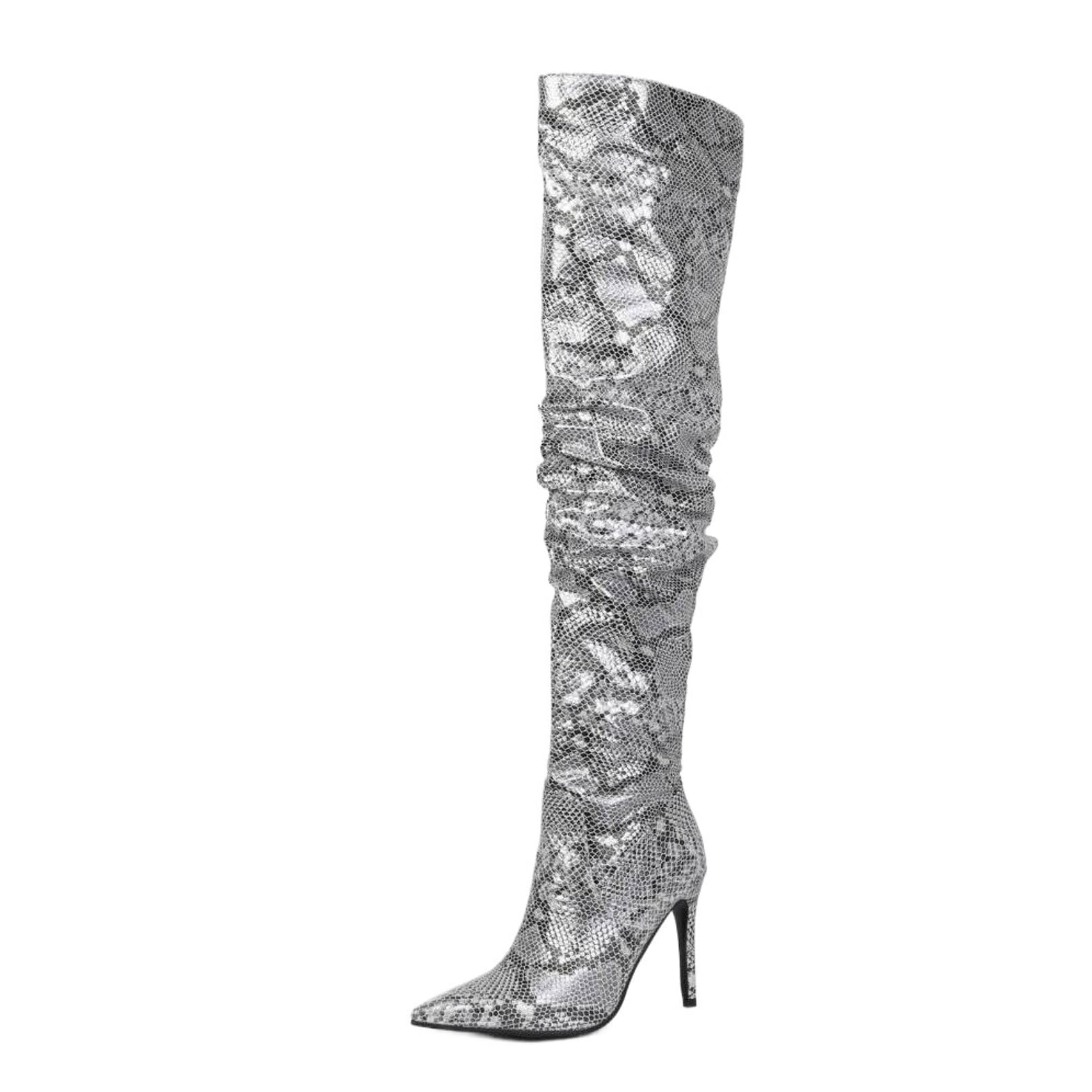 Womens Snakeskin Print Over-The-Knee Boots Stiletto High Heels Pointed Toe Booties Party Evening Club Shoes Stylish Durable Comfortable