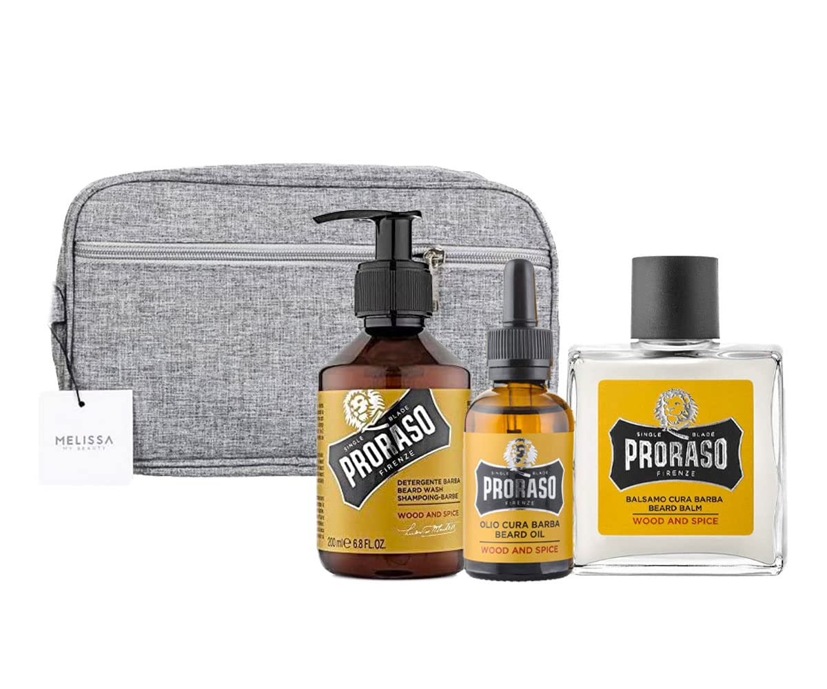 Set Trattamento Barba per Pelli Sensibili : Detergente 200 ml - Balsamo 100 ml - Olio 30 ml - Pochette Melissa (colori assortiti)