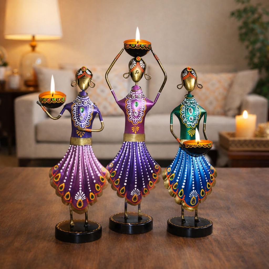 CraftVatika Home Decoration Items for Living Room, Aesthetic Home Decor, Rajasthani Lady Tealight Candle Holder Showpiece for Living Room Tabletop Housewarming Wedding for Man Women-image-36