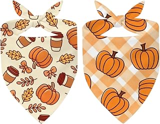 2 Pack Fall Dog Bandanas, Pumpkin Coffee Gingham Plaid Pet Triangle Scarf