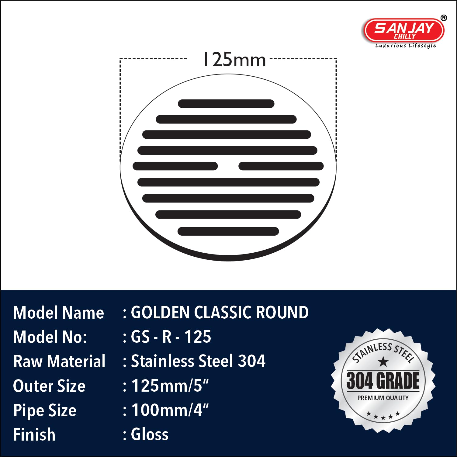 Sanjay Chilly Shower Drain Cover Bathroom Gratings Floor Drain Cover 5 Inch | Golden Classic Round Commercial Water Drainer Jali 304 Grade Stainless Steel Floor Drainer for Bathroom 1