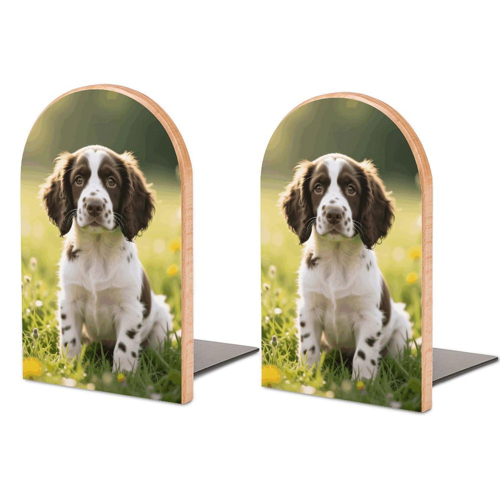English Springer Spaniel Bookends 1 Pair, Wooden Book Ends with Non-Slip Metal Base, Heavy Duty Decorative Book Holders for Shelves, Home Office and Library Organization