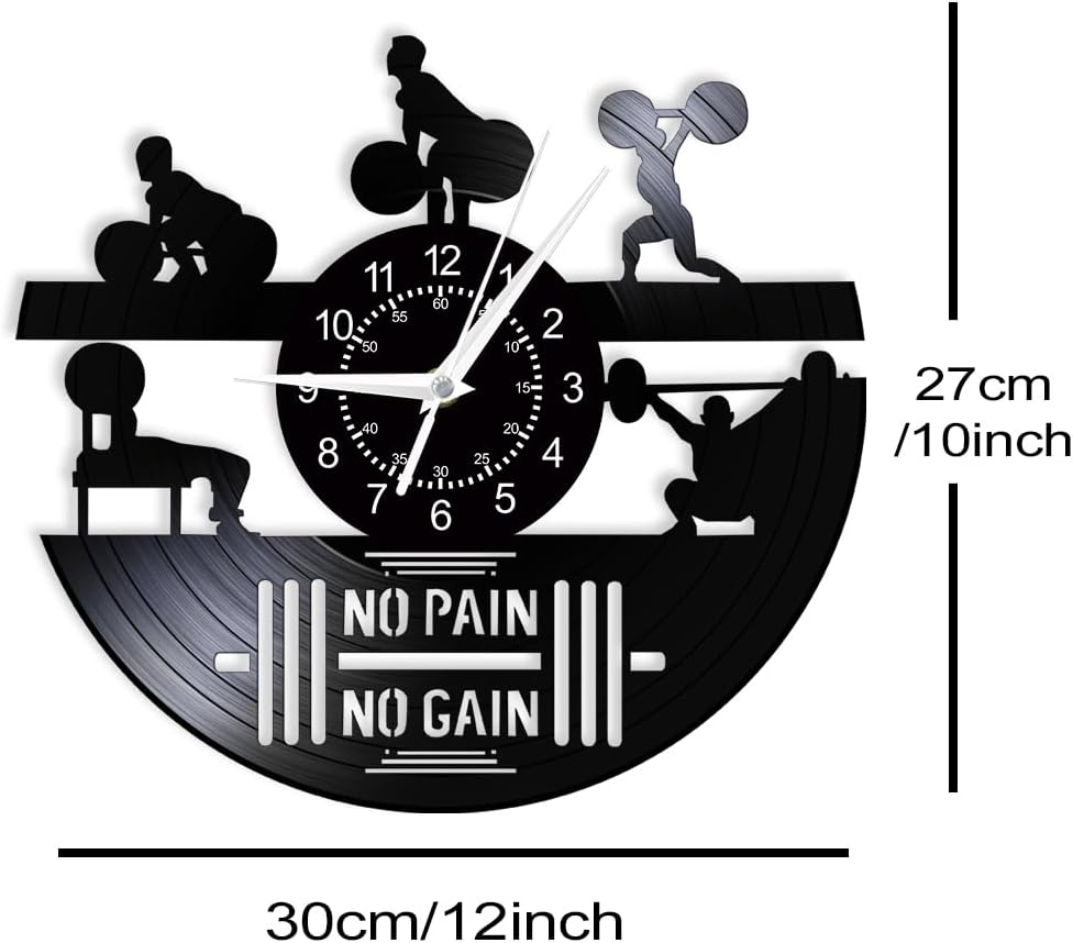 12 Inch Bodybuilding Wall Clock, Modern Decorative Weightlifting Gym Wall Clock Silent Non Ticking Quartz Black Vinyl Wall Watch Clock Battery Operated for Fitness Room Bodybuilder Gifts