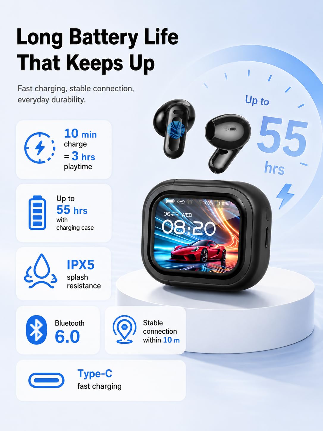 NE20 KI Übersetzer Kopfhörer In Ear, Echtzeit Sprachübersetzer 135 Sprachen, LCD Touchscreen Bluetooth 6.0 Kopfhörer Kabellos, 60 Std. Wiedergabezeit für Reise Business (Schwarz)