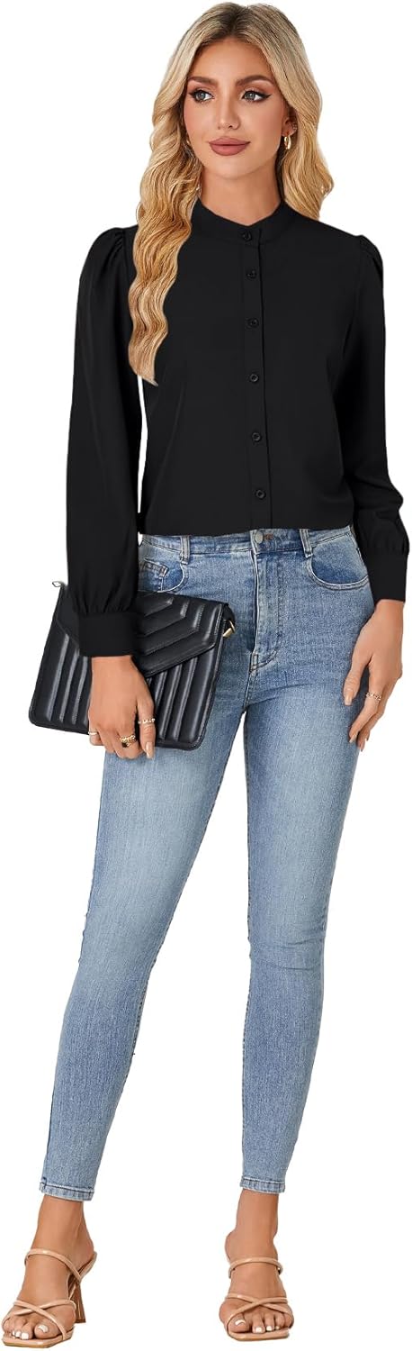 Rooscier Women's Mock Neck Button Down Puff Long Sleeve Work Blouse Top Shirt - Image 6