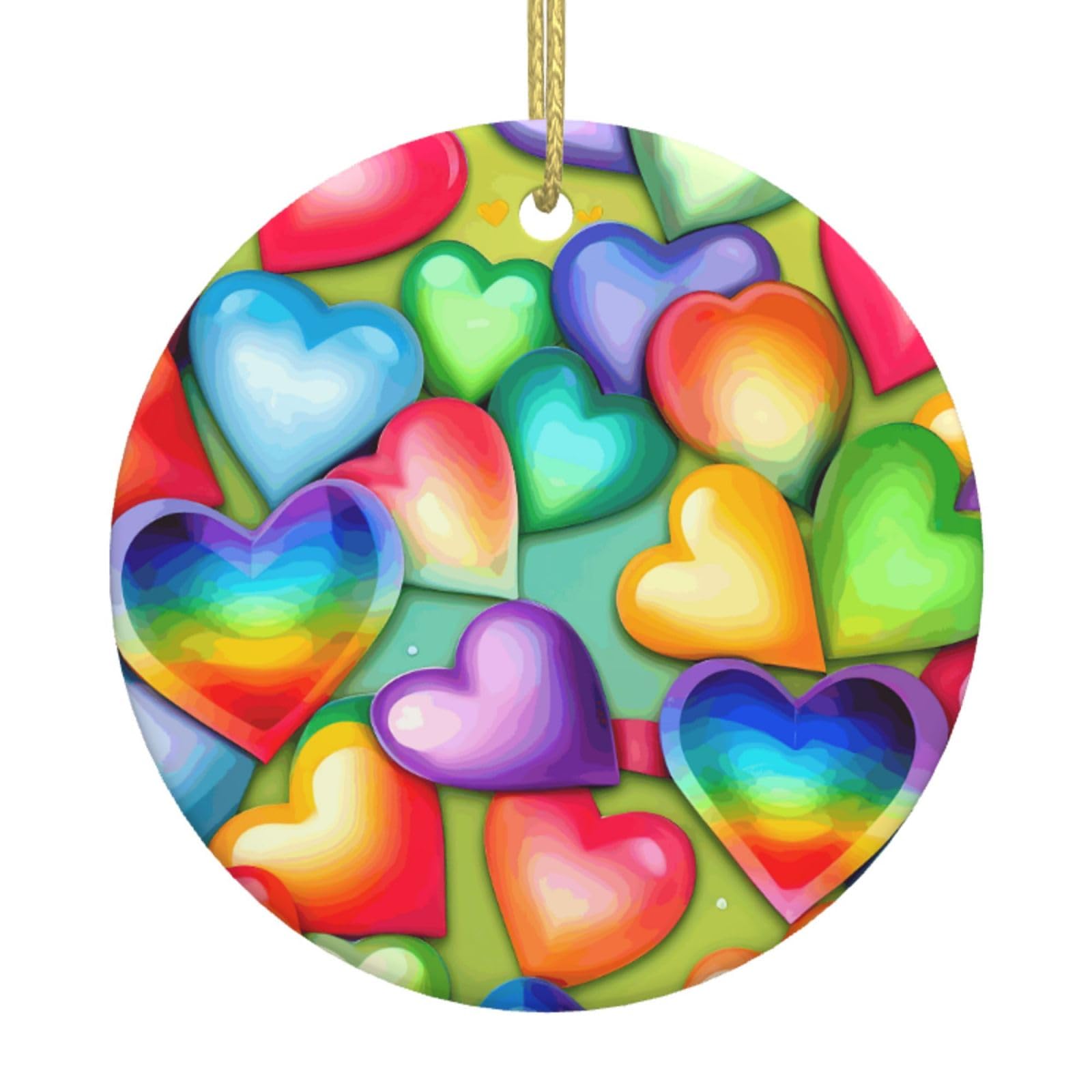 Rainbow Hearts Print Christmas Ornaments, Ceramic Hanging Ornament, Round Shape Decorations