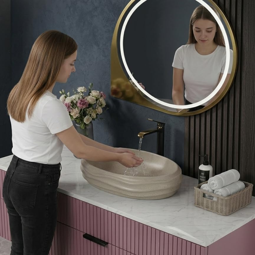 Image of BASSINO 22x15x6 Inches Ceramic Table Top Washbasin /Beige-Ivory Terrazzo Luxury Countertop Sink /Modern Basin for Home,Living Room /Designer Oval Shape Wash Basin for Bathroom with Wave(Matte Khaki)