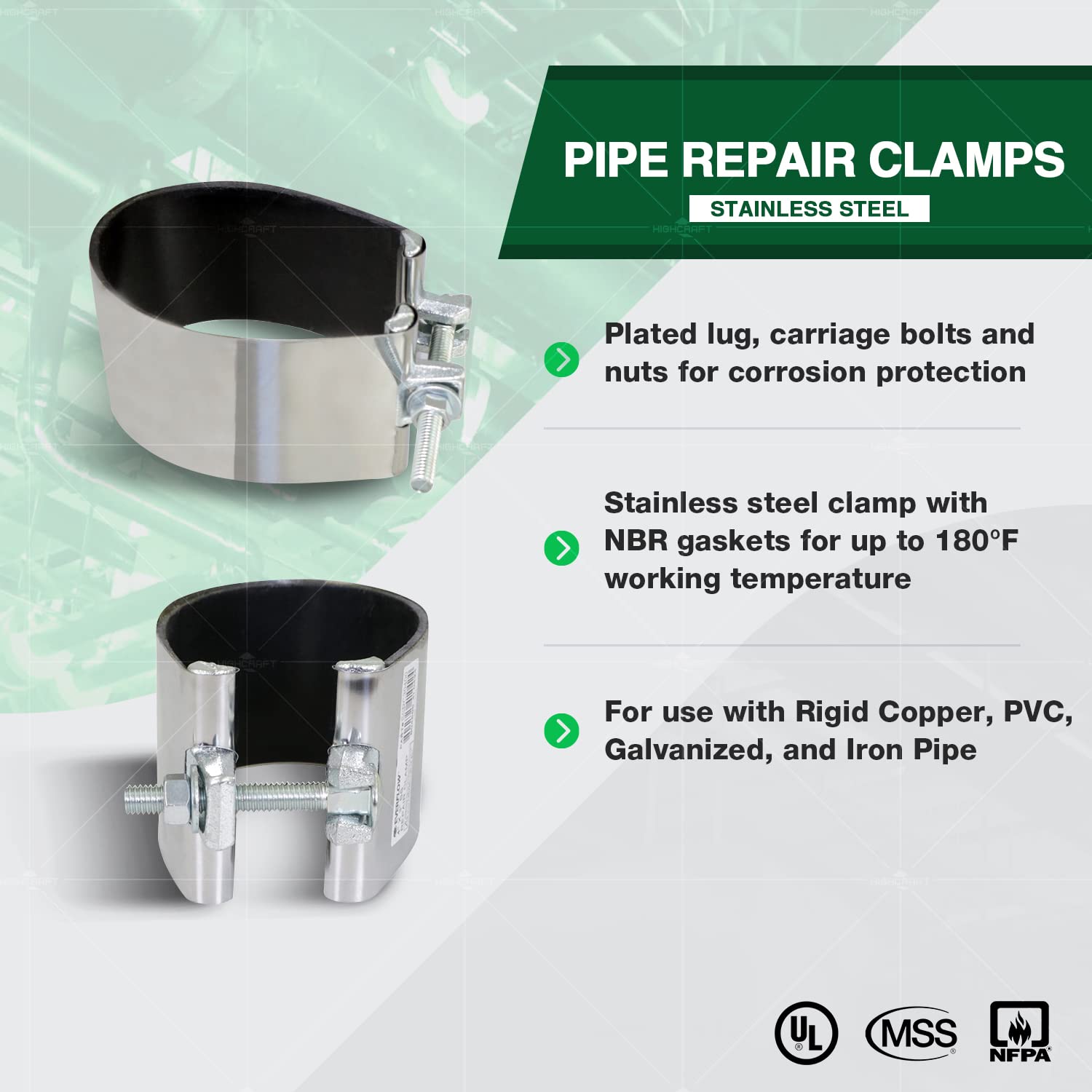 Highcraft Pipe Repair Clamp 3'', IPS Single Bolt, 3” Long, Stainless Steel