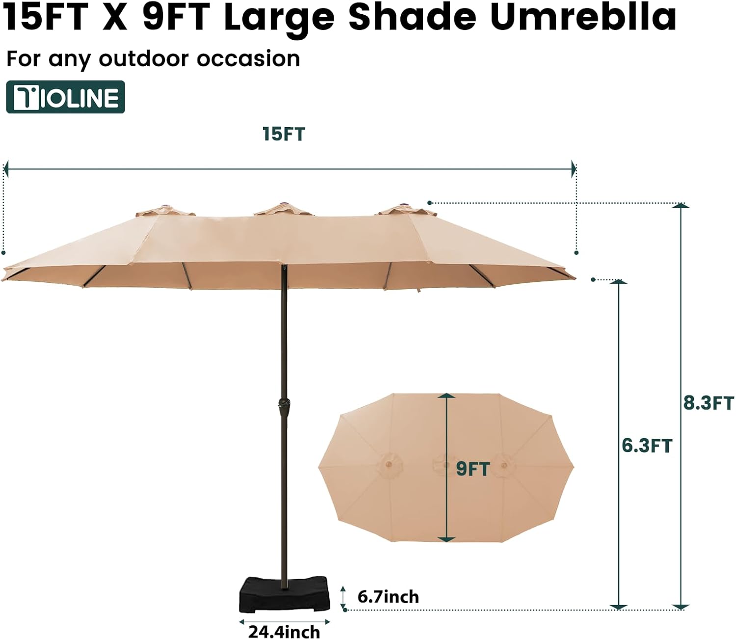 15FT Large Patio Umbrellas with Base Included, Outdoor Double-Sided Rectangle Big Market Umbrella with Stand, Outside Umbrellas for Poolside Lawn Backyard,Beige