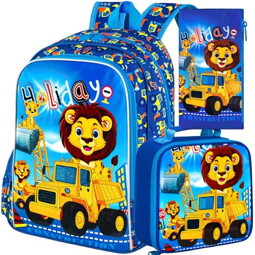 Image of 16 inch Kids Backpack for Boys, 3Pcs Excavator Bookbag Set for Elementary Preschool Kindergarten, Lion School Backpacks with Lunch Box(Blue)