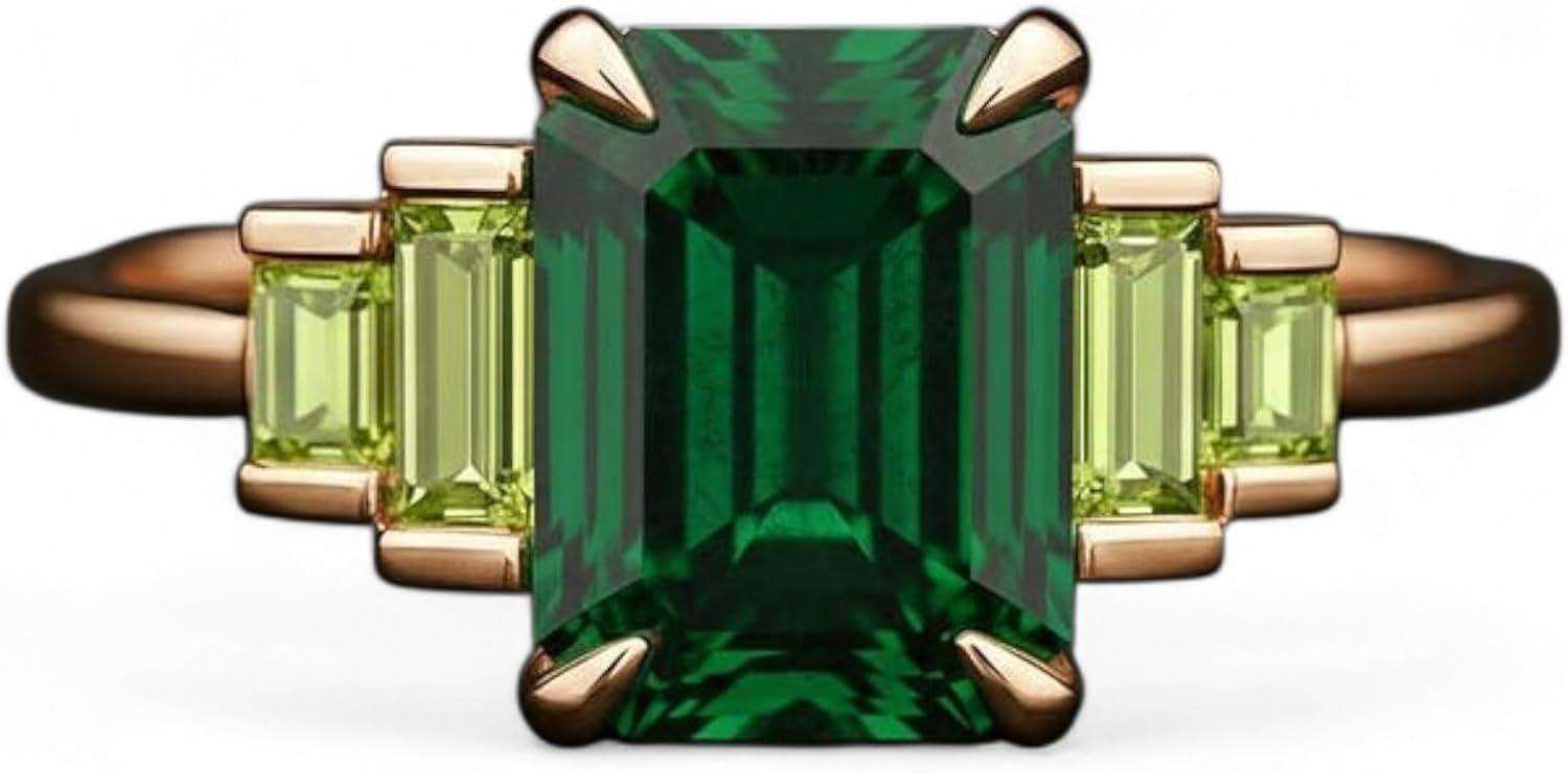 Emerald Cut Green Emerald and Peridot Three Stone Engagement Ring 18K Yellow Gold Art Deco Prong Setting Fine Bridal Anniversary Ring Wedding Gift for Women