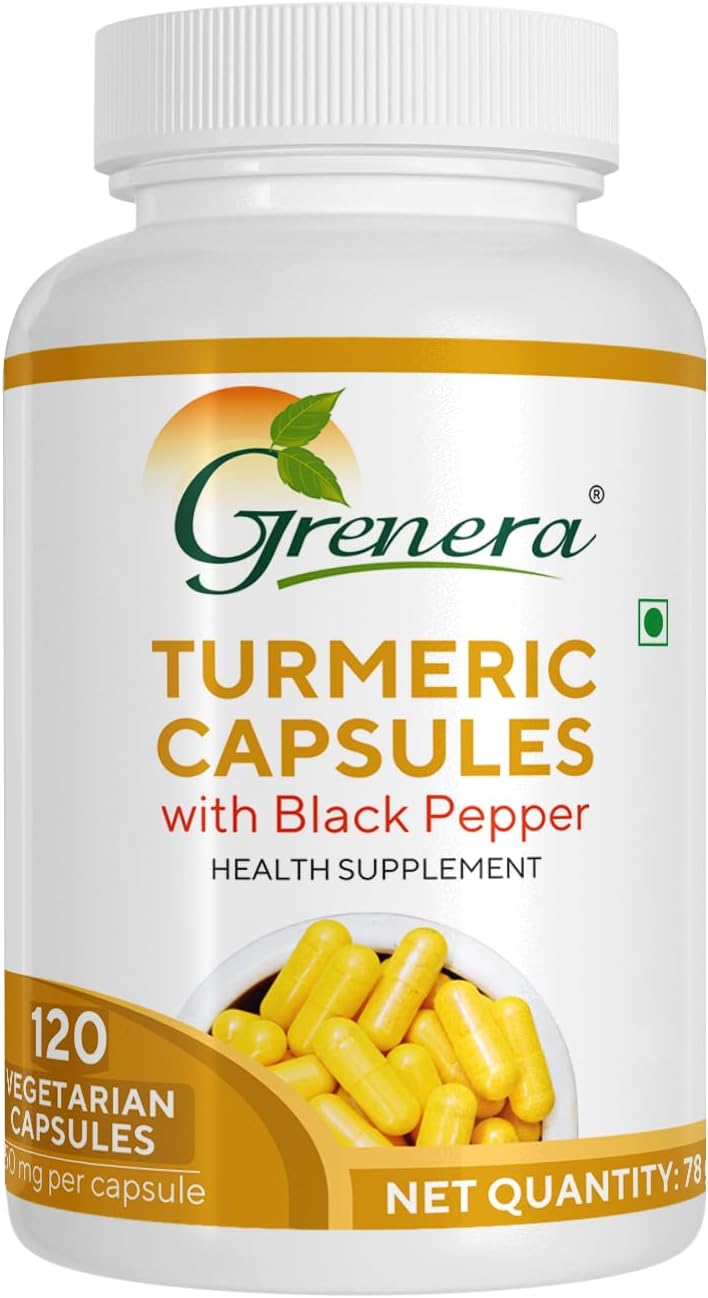 Grenera Turmeric Capsules (Haldi with Black Pepper) 120 Veg Capsules, Curcumin Supplement, 650 mg each