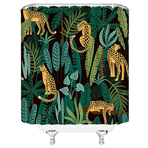 Leopard Shower Curtain Asian Wildlife Animal Leopard Cheetah Tiger Green Topical Palm Leaf Topical Watercolor Modern Bathroom Decor Curtain With Hooks #TOP2