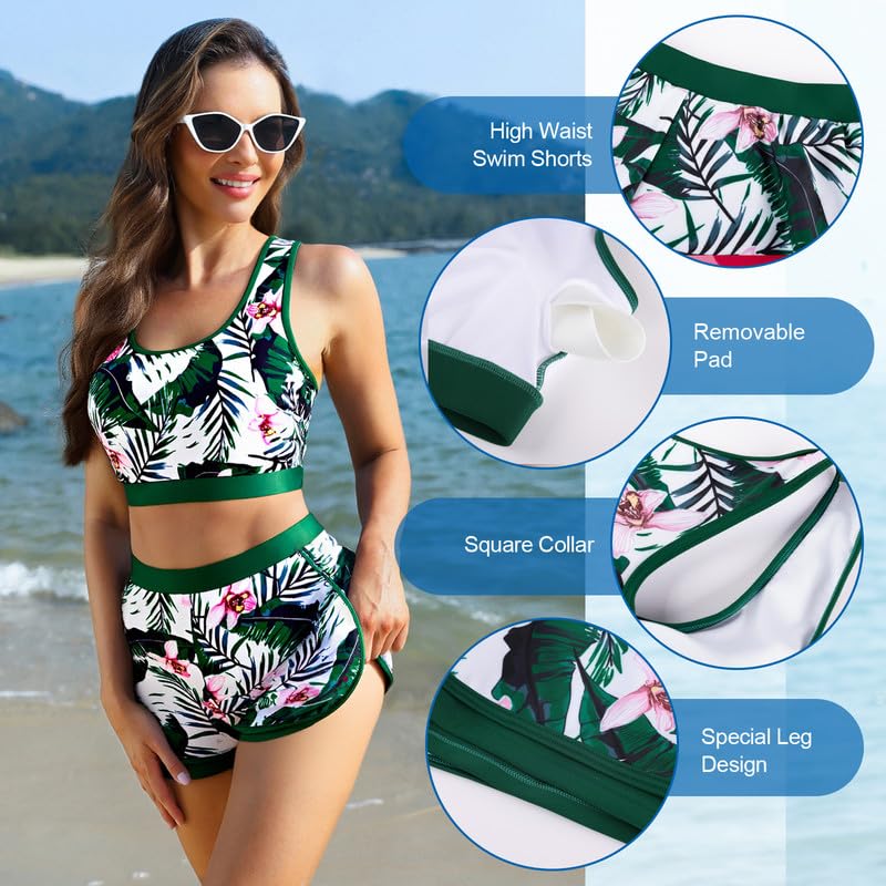 JASAMBAC Conjunto de 3 piezas para mujer con protección antirozaduras, de manga larga, parte superior y pantalones cortos de baño de cintura alta, con cremallera, traje de surf, bañador deportivo