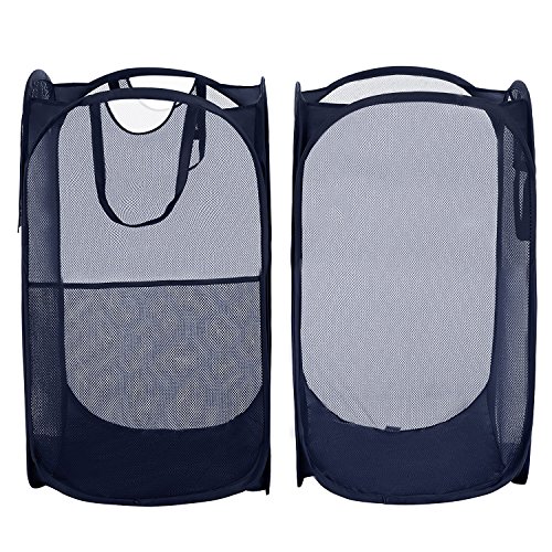 YAZER Pack of 2 Foldable Pop-Up Laundry Hamper with Side Pocket, Durable Mesh Hamper Clothes Laundry Basket Storage Bag with Reinforced Carry Handles for Dirty Clothes (Dark Blue)