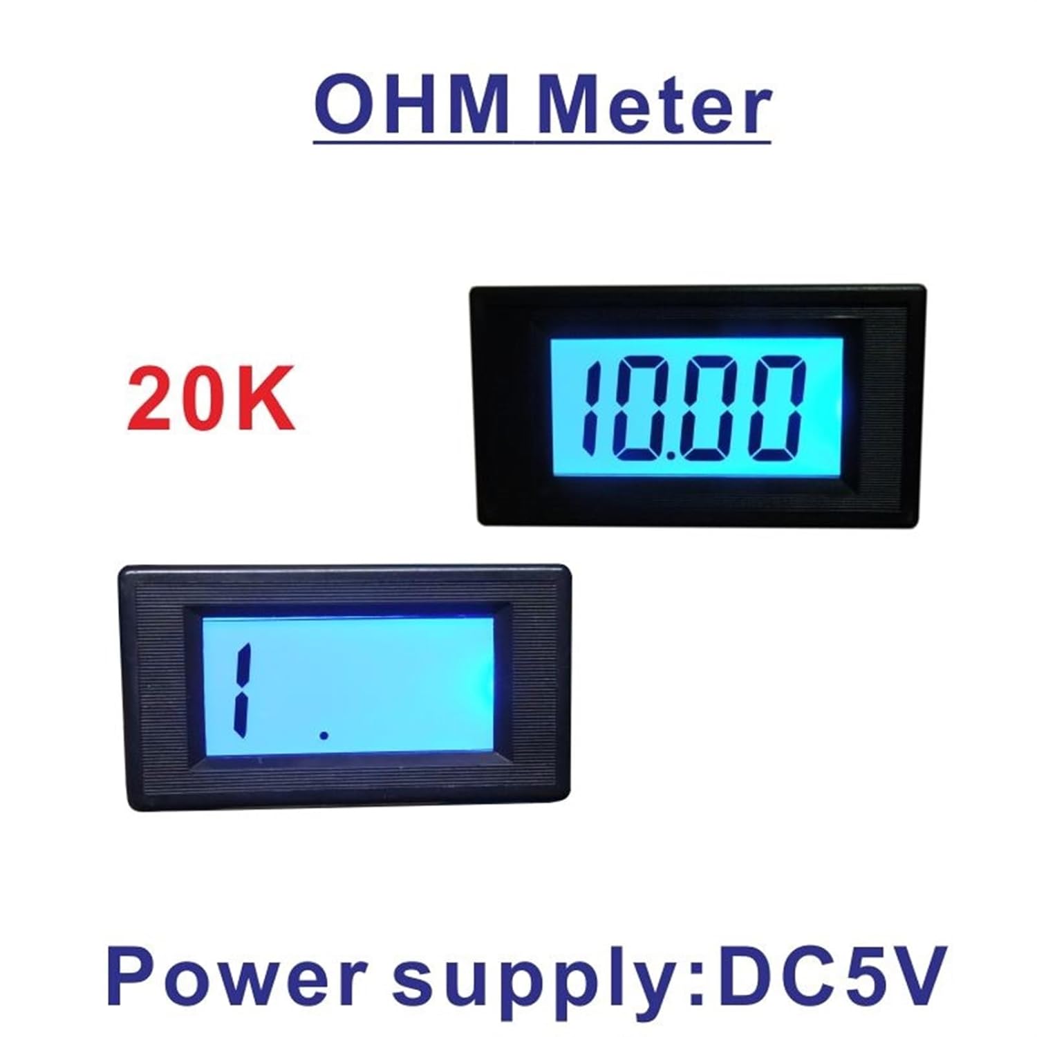 Ohm Meter 20K Power DC5V Impedance Meter LCD Digital Resistance Meter OHM Tester 3.5 Display Resistance Tester Blue Backlight