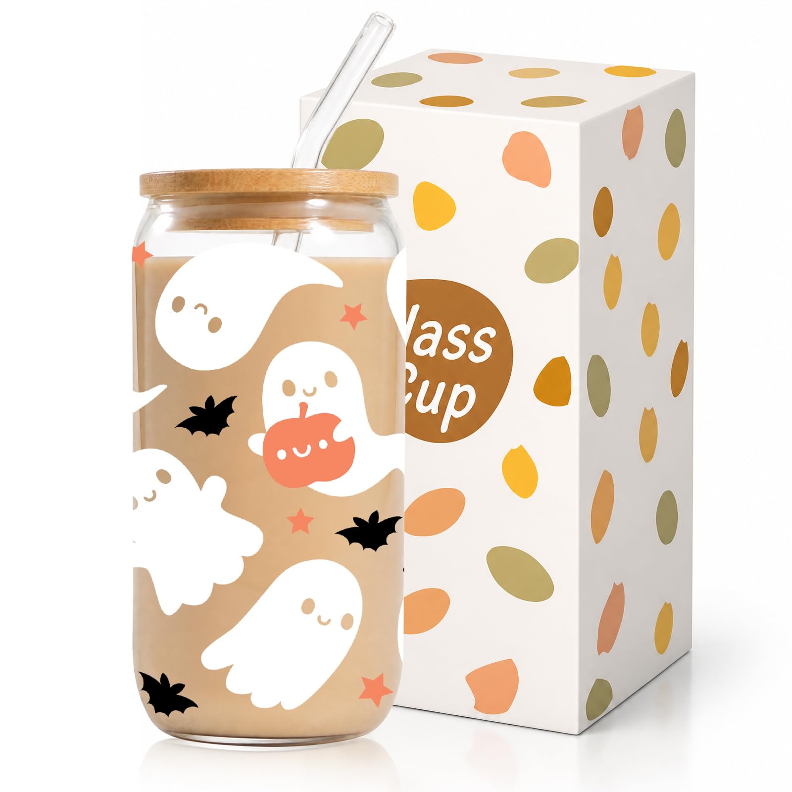 Geukmun 16oz Iced Coffee Cup, Halloween Glass Cup for Women Men