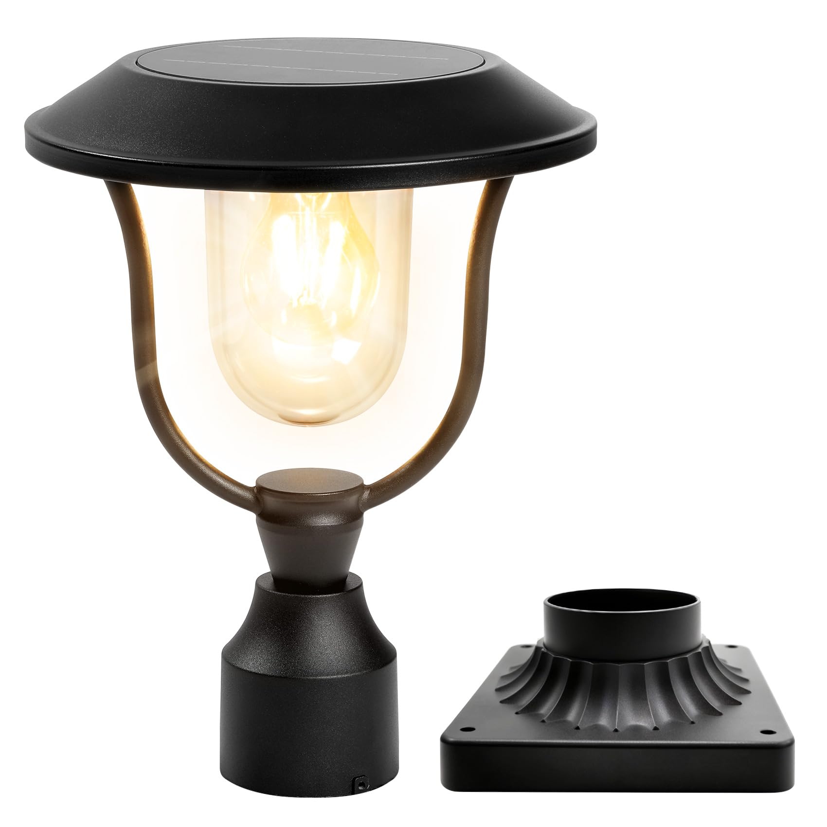 solar lamp post light, 3000k dusk to dawn aluminum with pier mount base, outdoor waterproof decorative light for garden, patio, landscape pole pillar, black