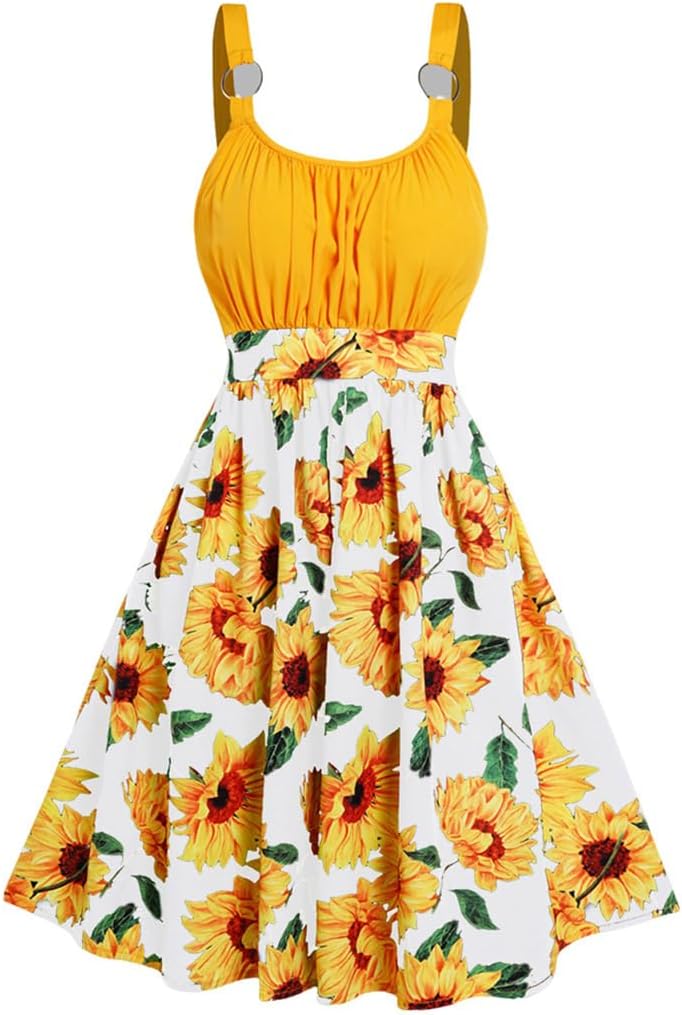 Sunflower Print Colorblock Sundress Ruched O Ring High Waist