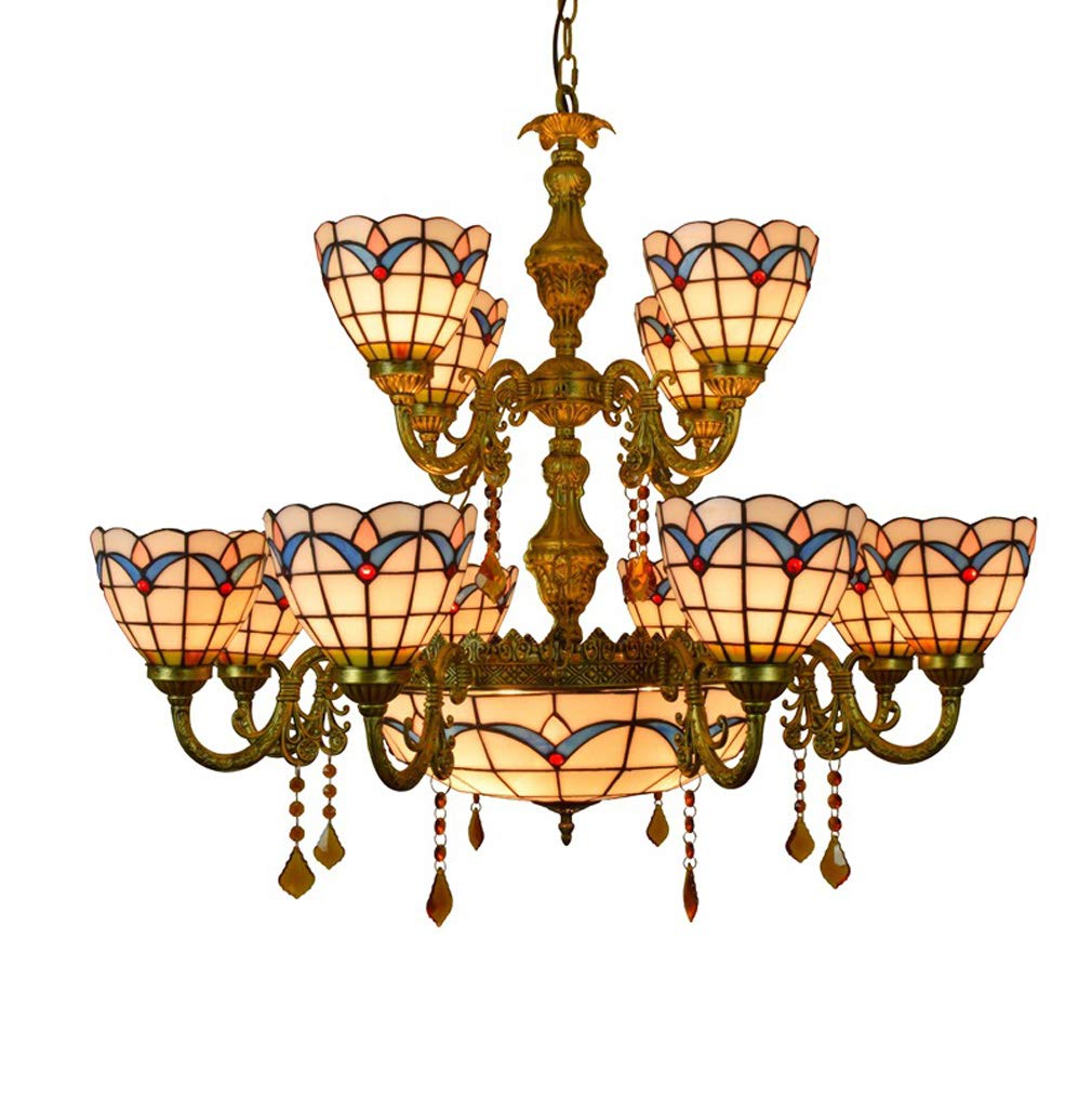 YNIYUJKL Modern Mediterranean Large 2 Tiers Ceiling Lamps Chandelier, Tiffany-Style Stained Glass Crystal Many Arms Pendant Lights Fixtures, For Dining Room, Hotel, Stairway